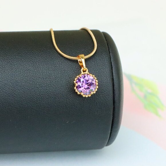 "Rose Gold Pendant with Round Purple Stone and Beaded Frame Accent, XPPT1608 - Picture 5 of 12